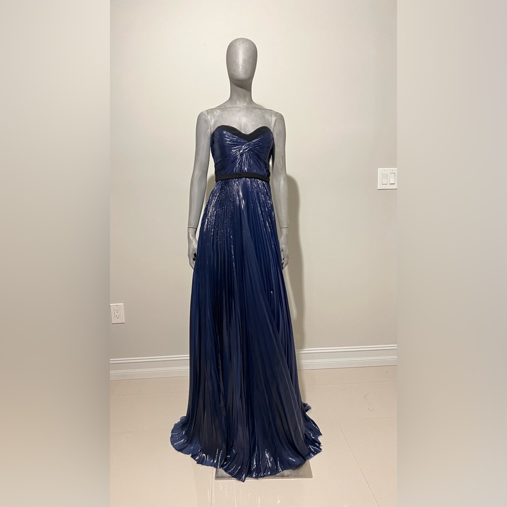 J. MENDEL Paris Metallic Strapless Pleated Gown navy size 8